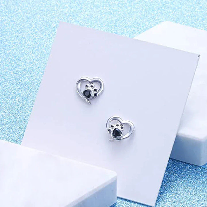 Heart and Paw Stud Earrings – Silver Color Earrings with Black Crystal