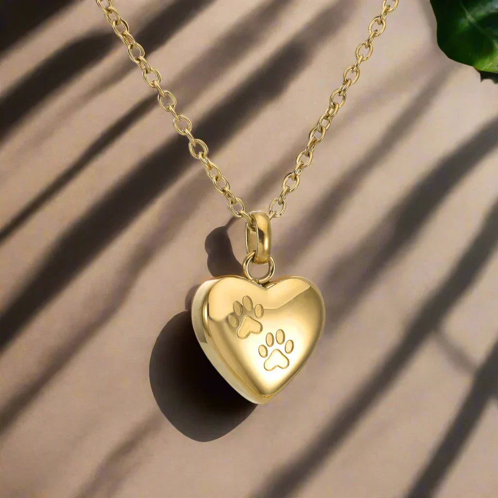 *Memorial Necklace with Paw Heart – Stainless Steel Urn Pendant*