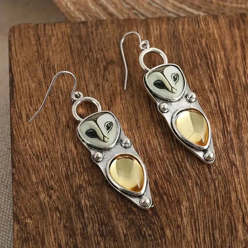 Earrings with Owl and Champagne-Colored Drop Stone