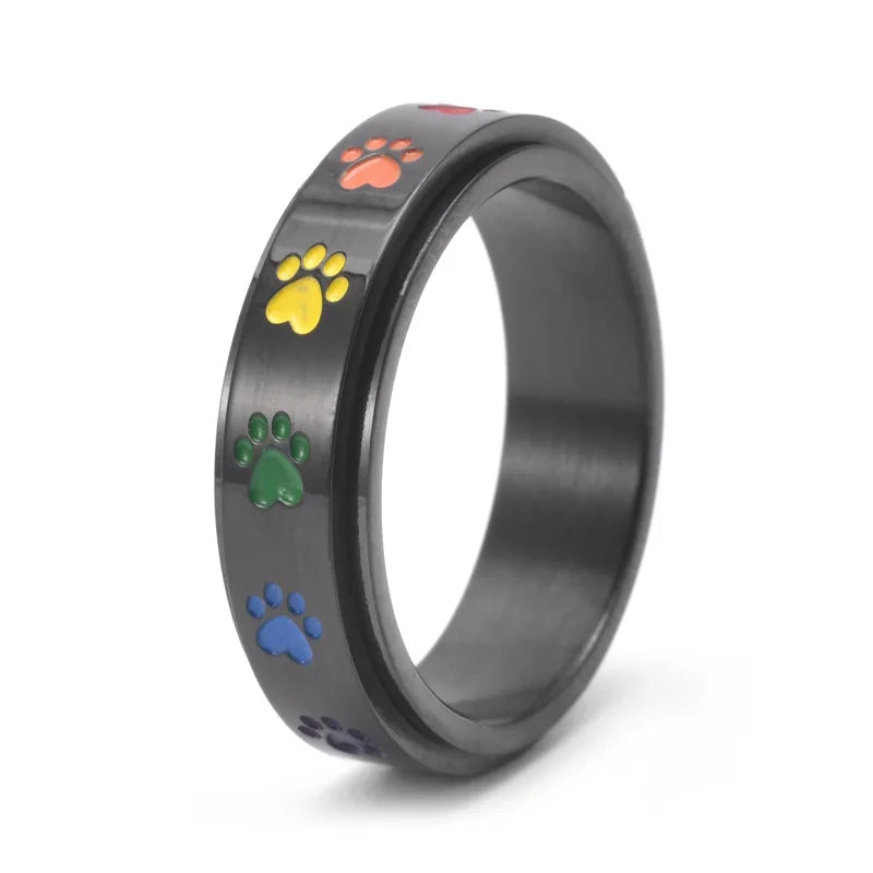 Rotating Stress Relief Ring with Paw Prints – Stainless Steel Ring with Rainbow Colors