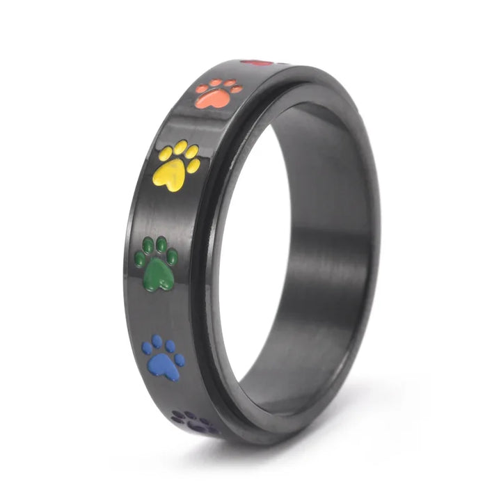 Rotating Stress Relief Ring with Paw Prints – Stainless Steel Ring with Rainbow Colors