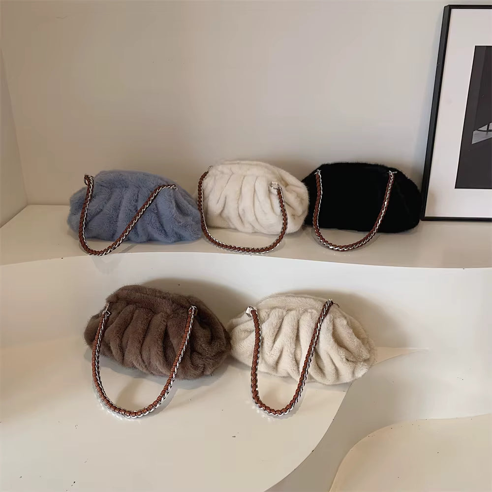 Evelyn | Pleated Faux Fur Shoulder Tote