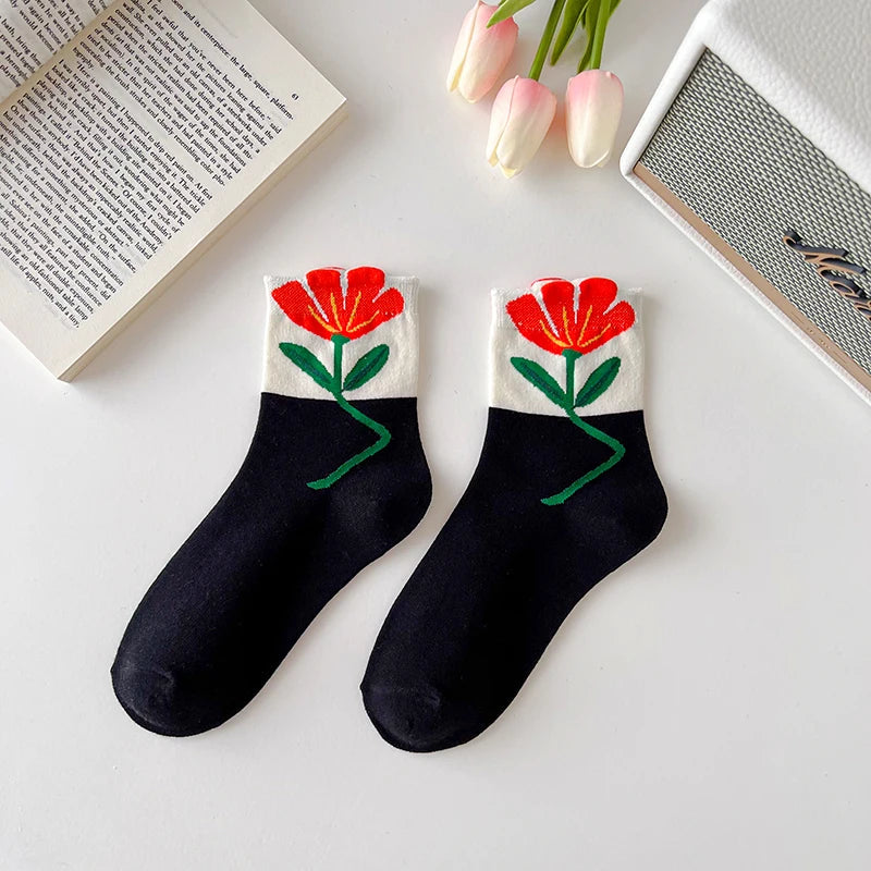 Women's autumn and winter thick, warm, cotton mid-length socks with retro print