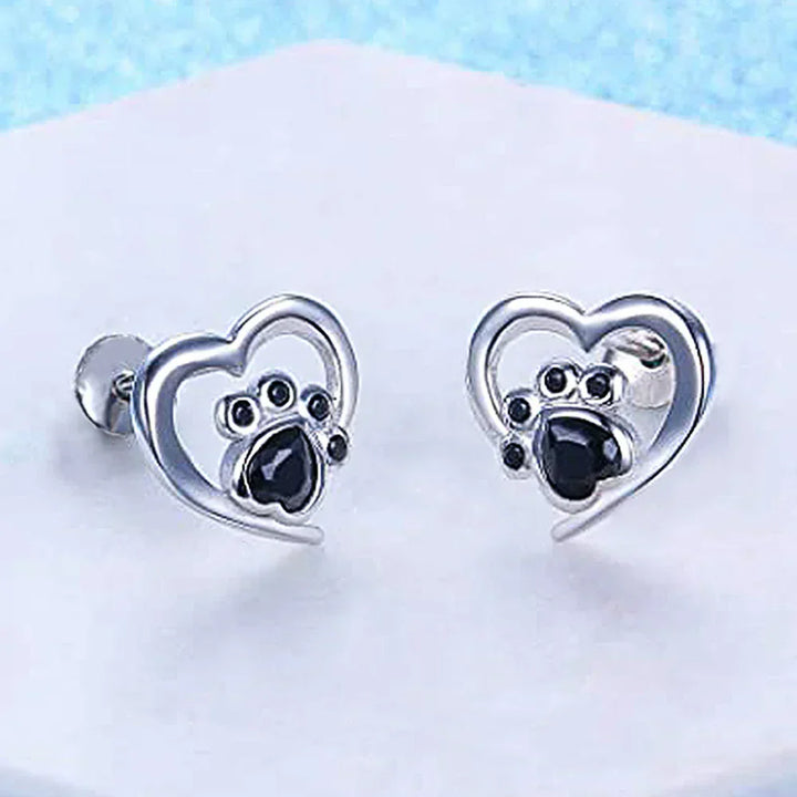 Heart and Paw Stud Earrings – Silver Color Earrings with Black Crystal