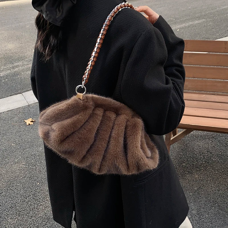 Evelyn | Pleated Faux Fur Shoulder Tote