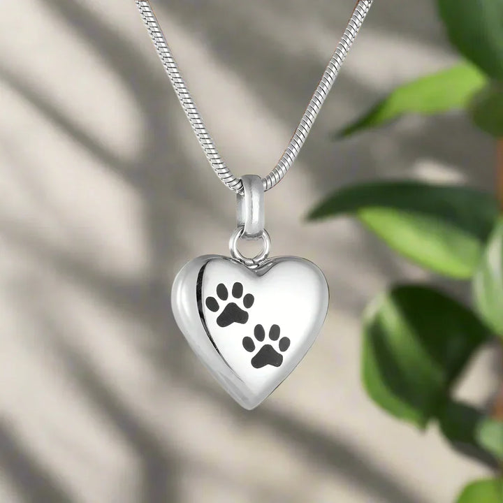 *Memorial Necklace with Paw Heart – Stainless Steel Urn Pendant*