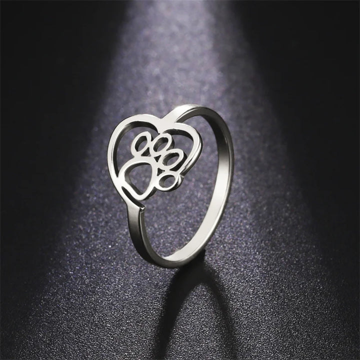 Ring with Heart and Paw in Stainless Steel for Animal Lovers