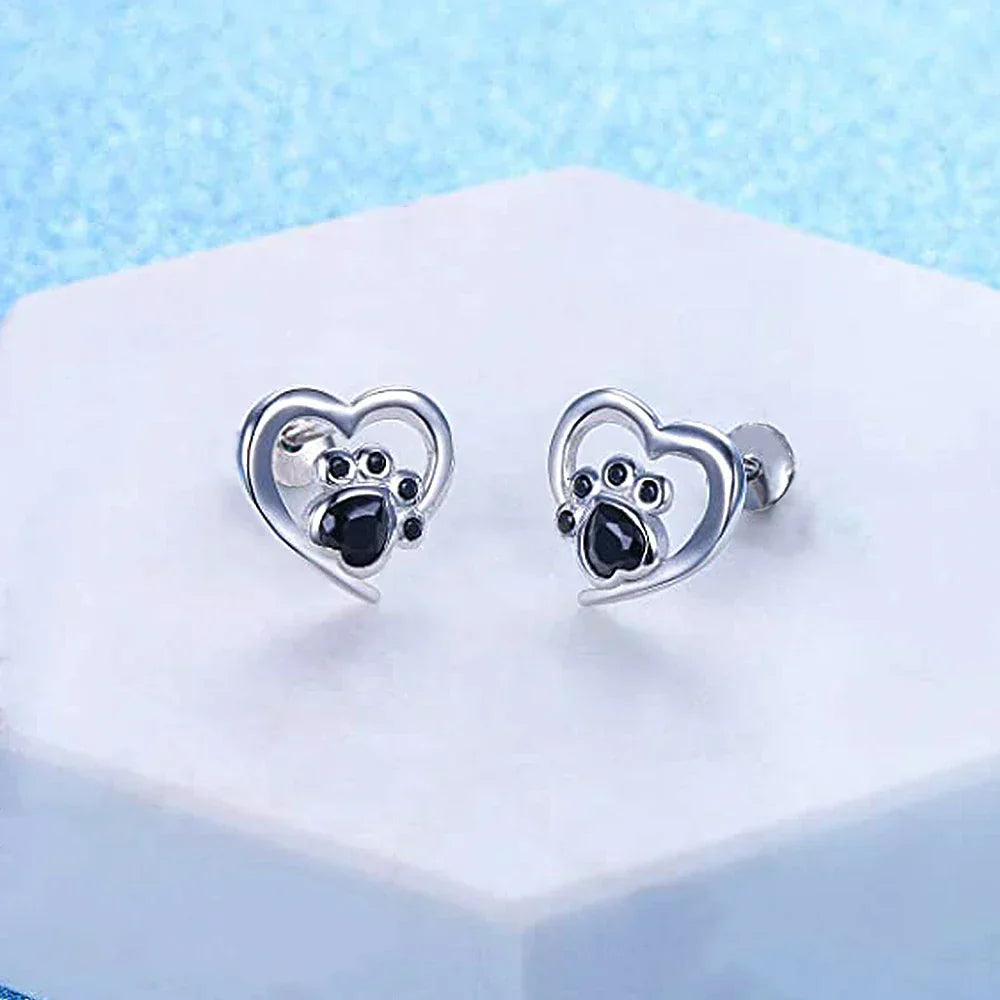 Heart and Paw Stud Earrings – Silver Color Earrings with Black Crystal
