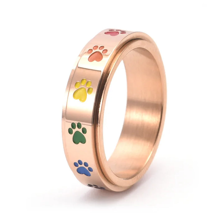 Rotating Stress Relief Ring with Paw Prints – Stainless Steel Ring with Rainbow Colors