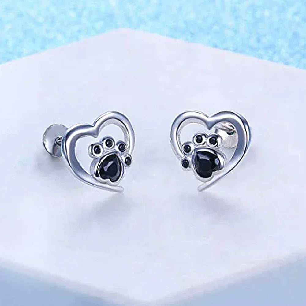Heart and Paw Stud Earrings – Silver Color Earrings with Black Crystal