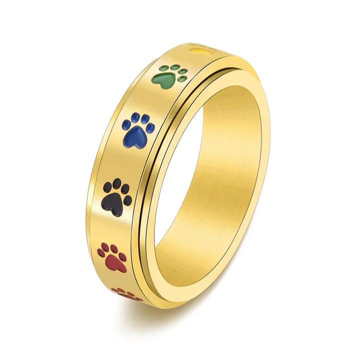 Rotating Stress Relief Ring with Paw Prints – Stainless Steel Ring with Rainbow Colors