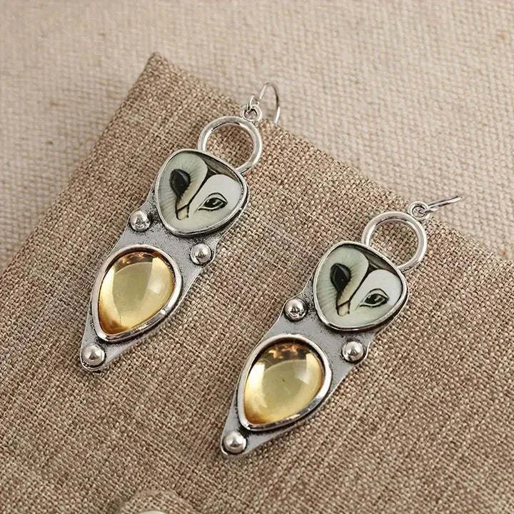 Earrings with Owl and Champagne-Colored Drop Stone