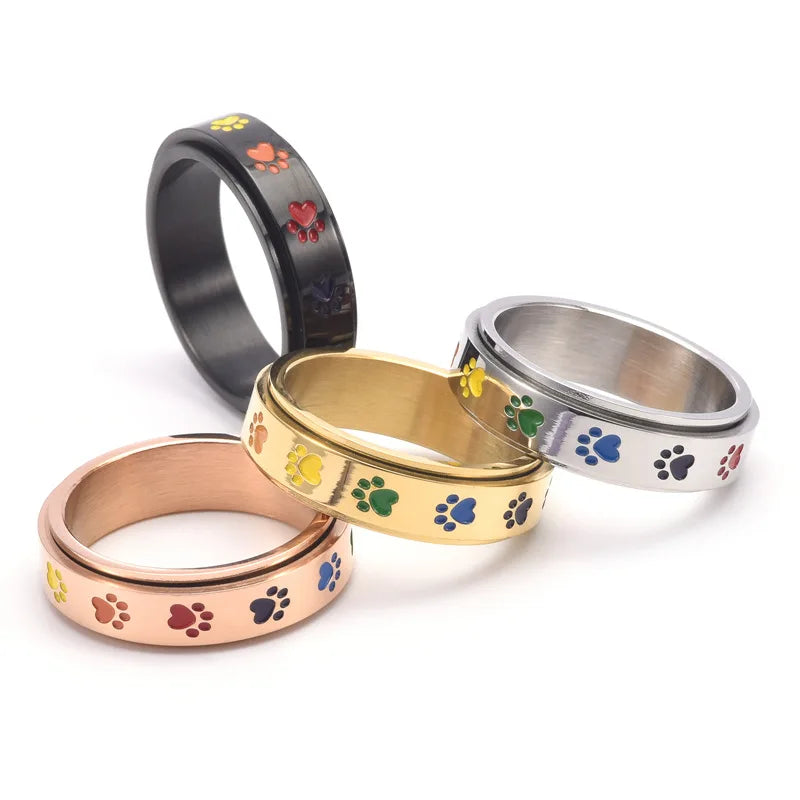Rotating Stress Relief Ring with Paw Prints – Stainless Steel Ring with Rainbow Colors