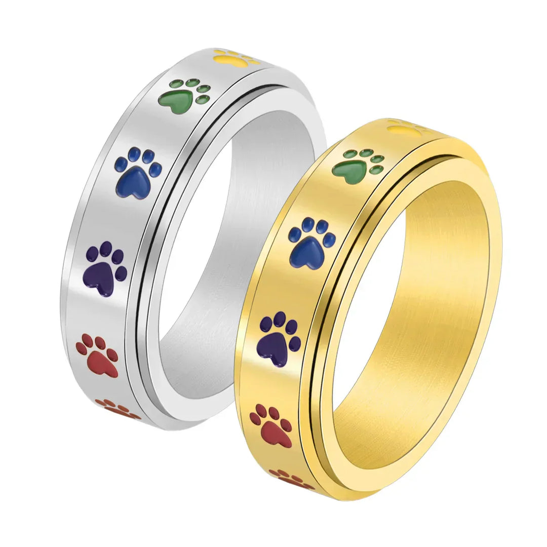 Rotating Stress Relief Ring with Paw Prints – Stainless Steel Ring with Rainbow Colors
