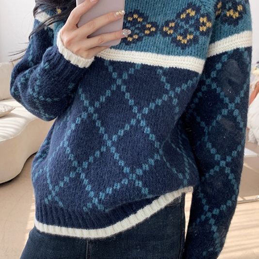 Women's Checked Cashmere Sweater with Turtleneck