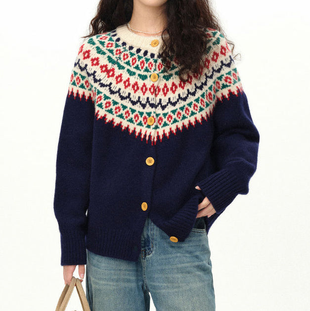 Loose and comfortable blue cardigan with a retro geometric pattern and button closure