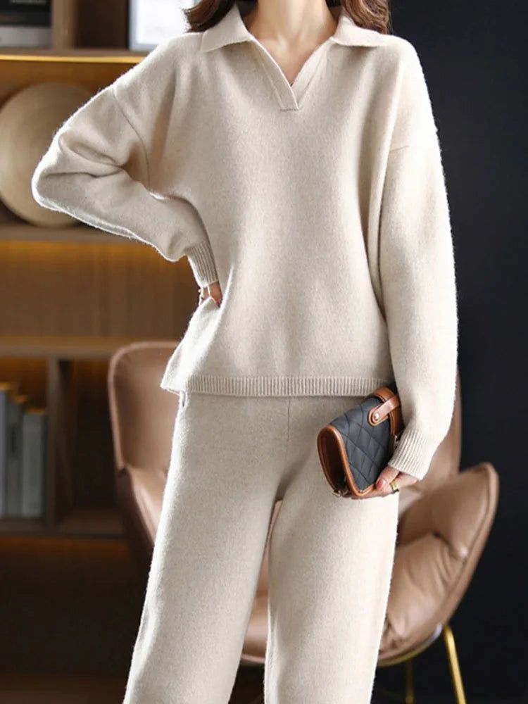 Elegant and comfortable loose, casual sweater + wide-leg pants set, two-piece