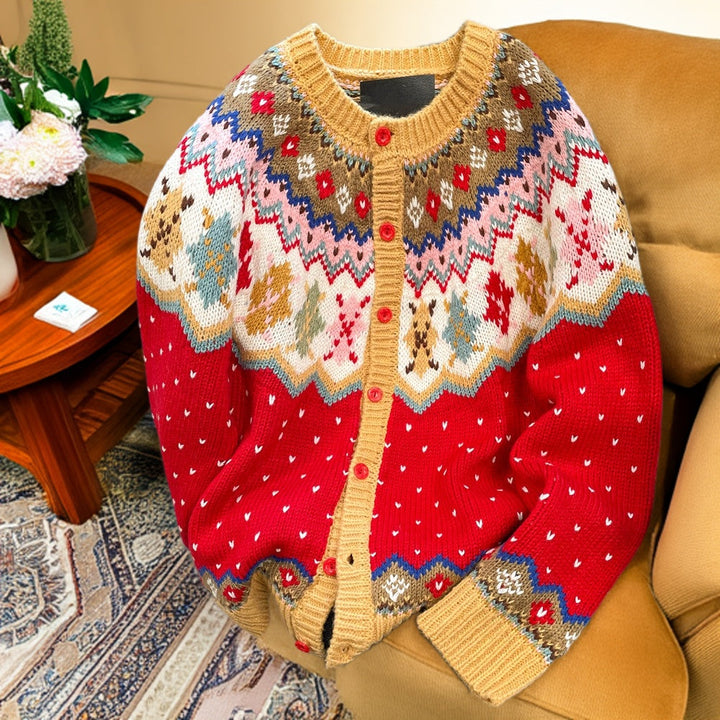 Elegant, vintage Fair Isle cardigan sweater with jacquard graphics and holiday motifs, featuring a loose and relaxed fit
