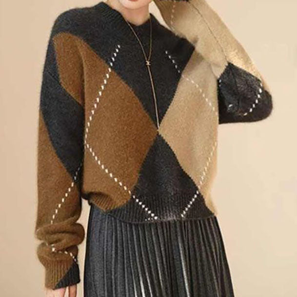 Cashmere Sweater with Round Neck in Geometric Pattern