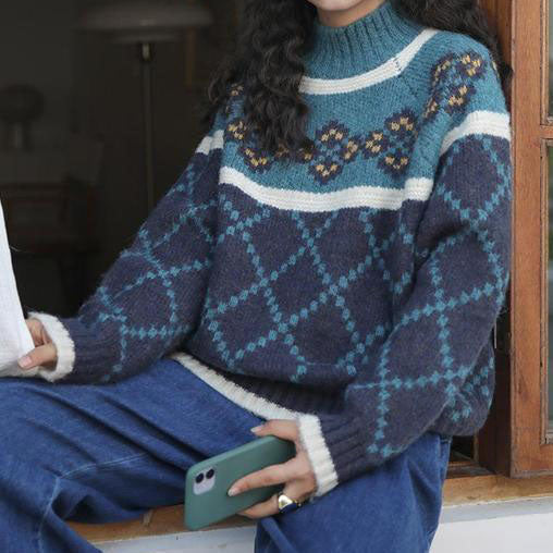 Women's Checked Cashmere Sweater with Turtleneck