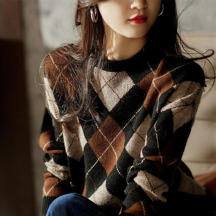 Cashmere Check Sweater with Round Neck