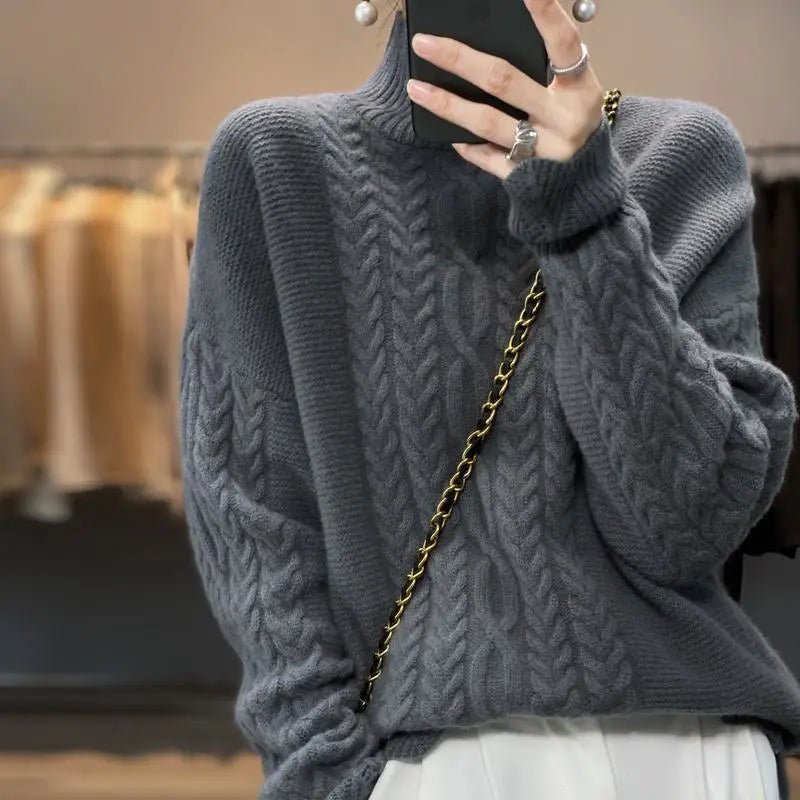 Women's chunky knit turtleneck sweater, designed for everyday wear