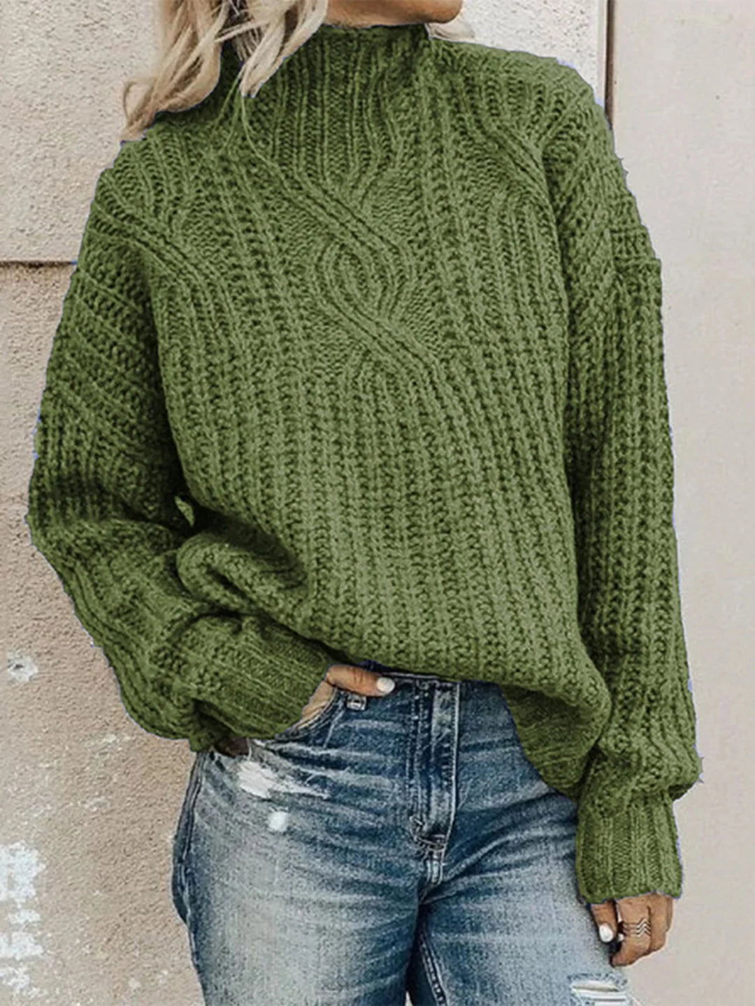 Women's solid color turtleneck sweater with a woven pattern, suitable for everyday wear