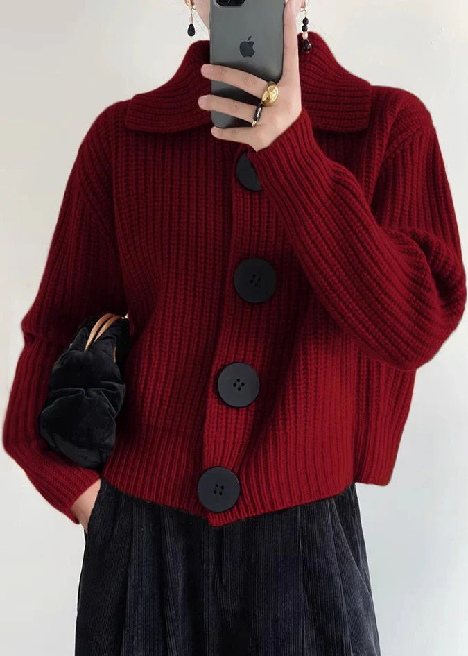 High-quality, heavy cardigan with a lapel collar, loose fit, and large buttons