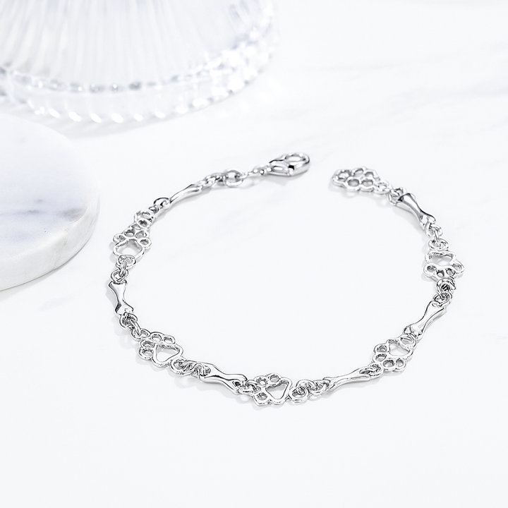 Bracelet with Paw and Dog Bone Charm in Solid Silver