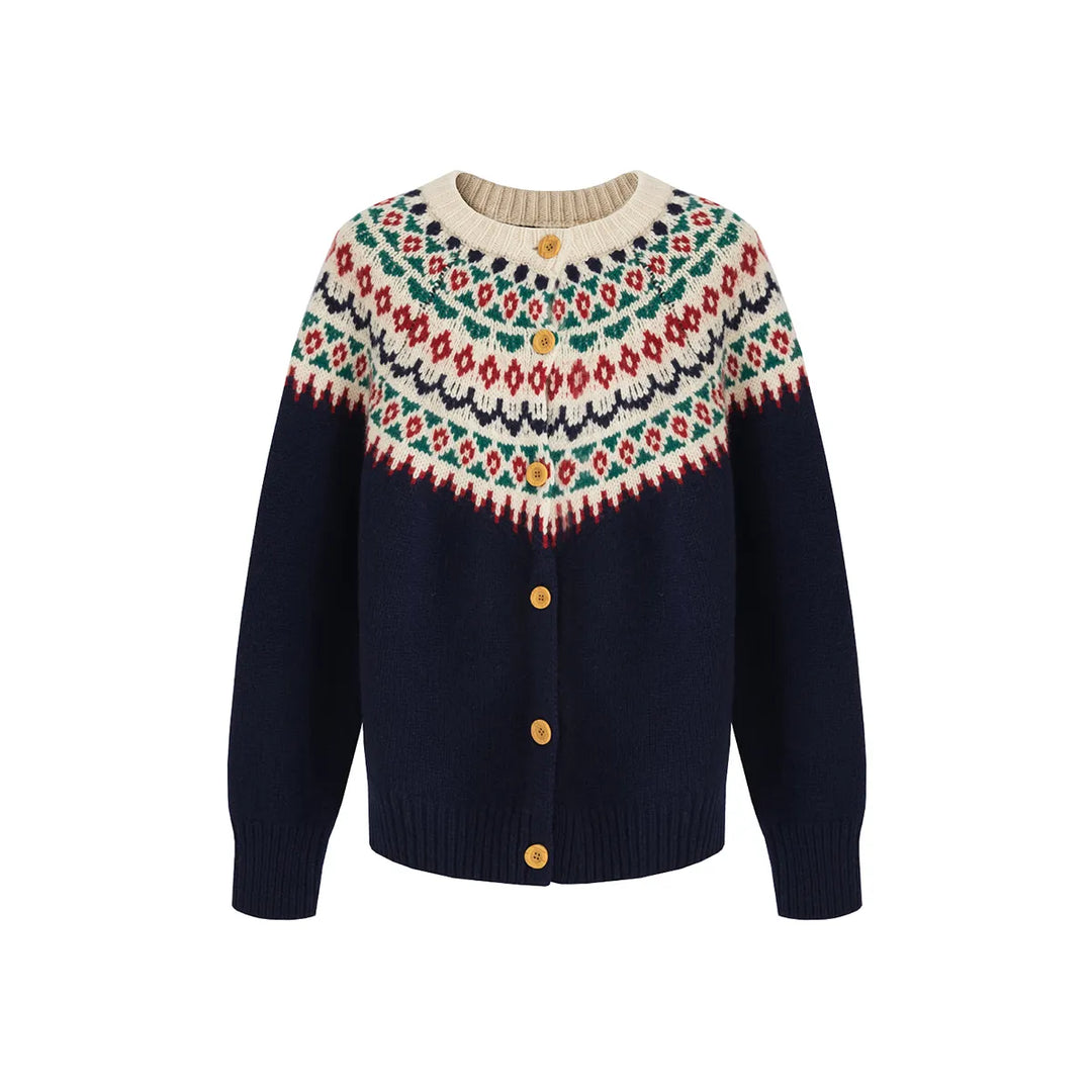 Loose and comfortable blue cardigan with a retro geometric pattern and button closure