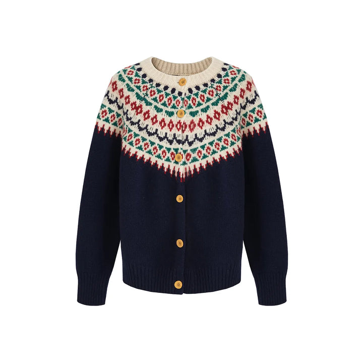 Loose and comfortable blue cardigan with a retro geometric pattern and button closure