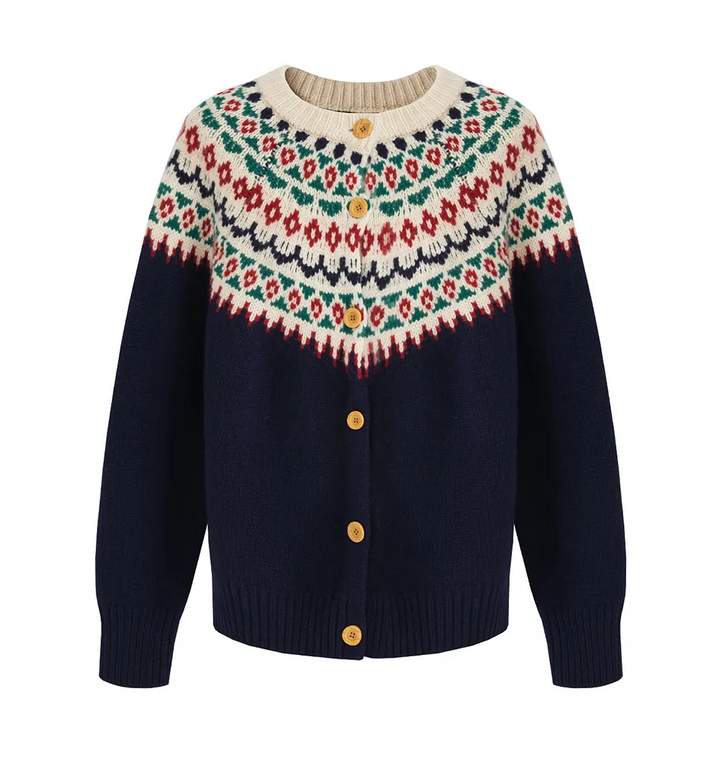 Loose and comfortable blue cardigan with a retro geometric pattern and button closure