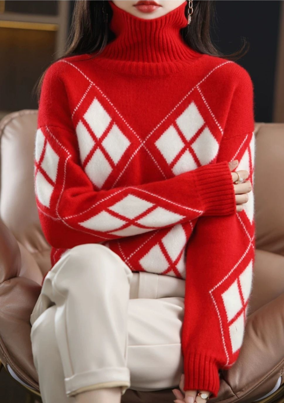 Women's Turtleneck Sweater in Plaid, Made of Cashmere