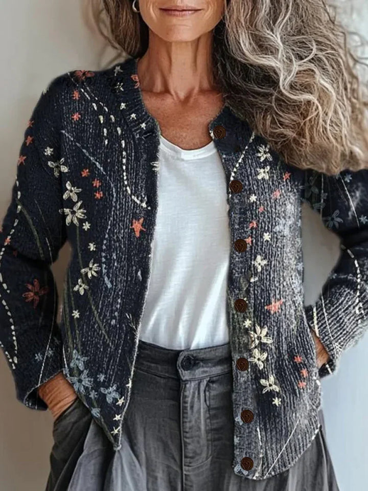 Elegant and Comfortable Black Cardigan with a Fresh Floral Pattern