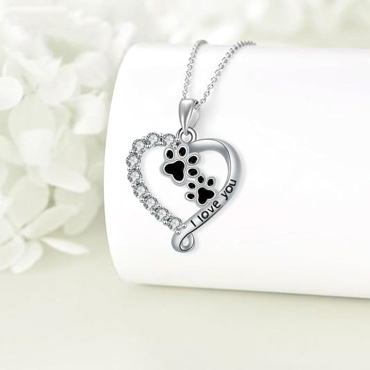Heart Paw Shaped Pendant Necklace in Silver-Black