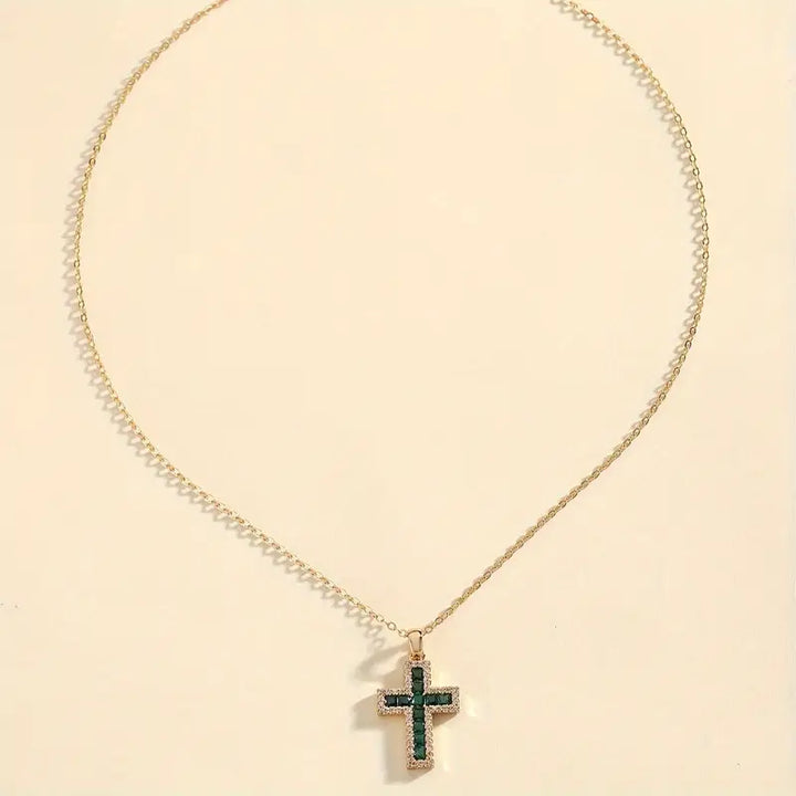 Solene Emerald Cross Pendant Necklace Gold