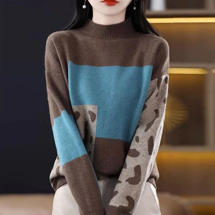 Women's Sweater with Turtleneck and Simple Cashmere Print