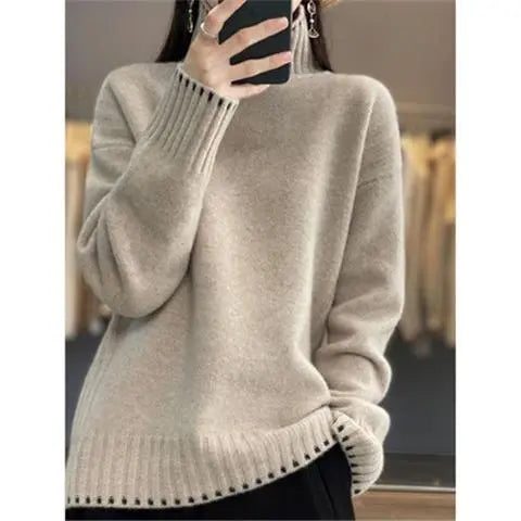 Elegant and comfortable, warm cashmere turtleneck sweater in solid color