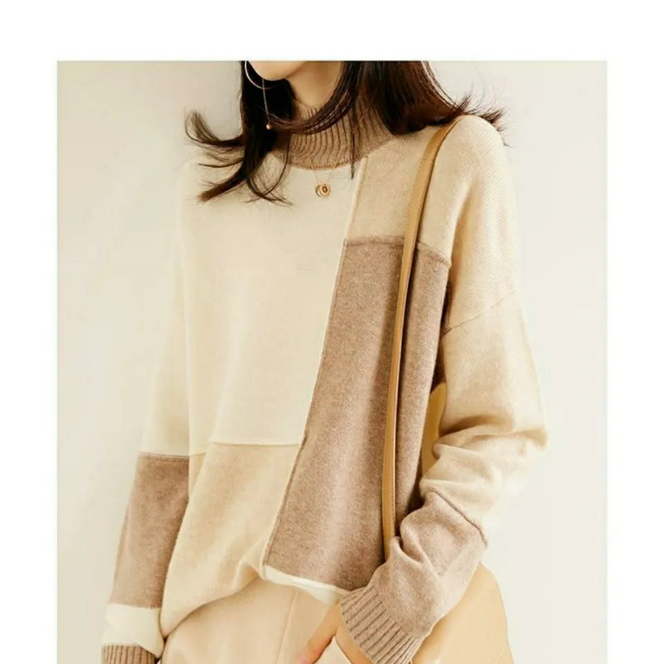 Cashmere sweater with a turtleneck in geometric color blocks