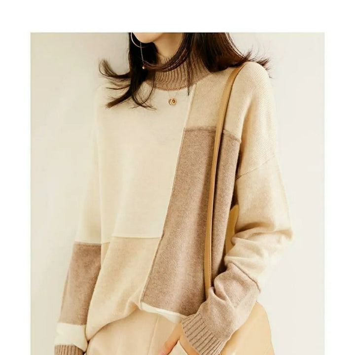 Cashmere sweater with a turtleneck in geometric color blocks