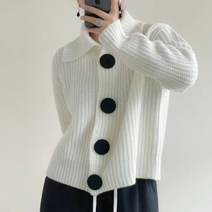 High-quality, heavy cardigan with a lapel collar, loose fit, and large buttons