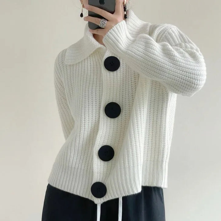 High-quality, heavy cardigan with a lapel collar, loose fit, and large buttons