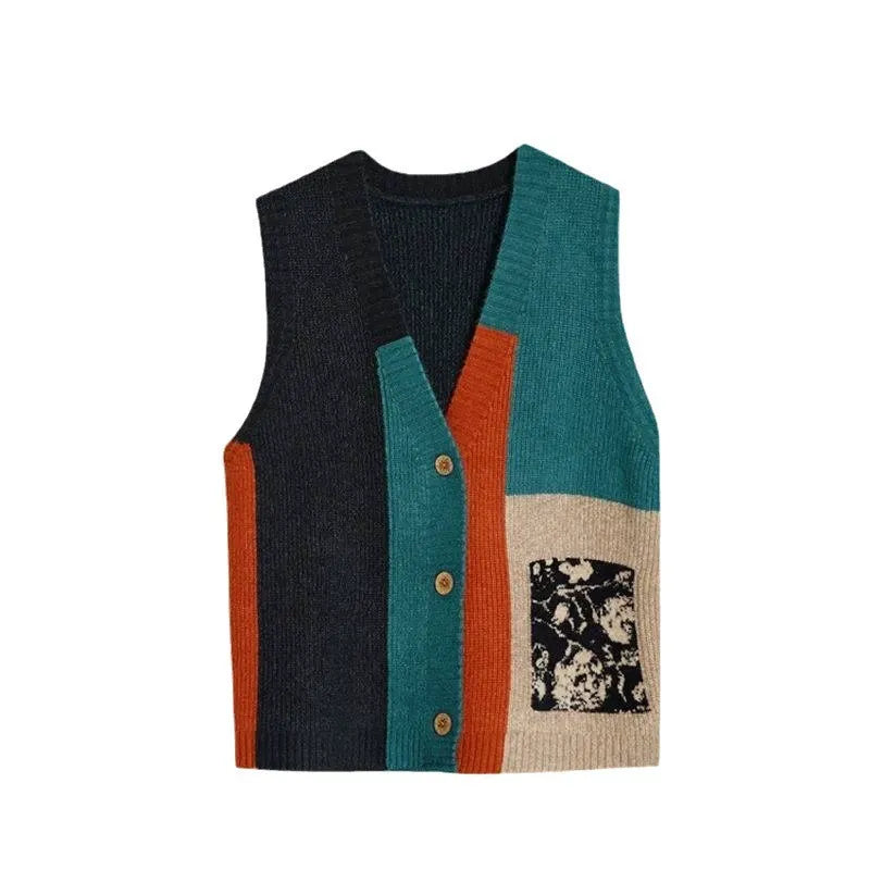 Loose, versatile sleeveless sweater with multicolored blocks and pockets