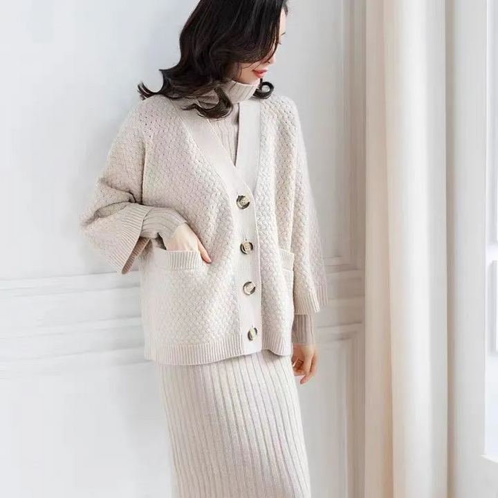 High-quality thick mid-length cardigan sweater with a V-neck, loose and casual fit with pockets