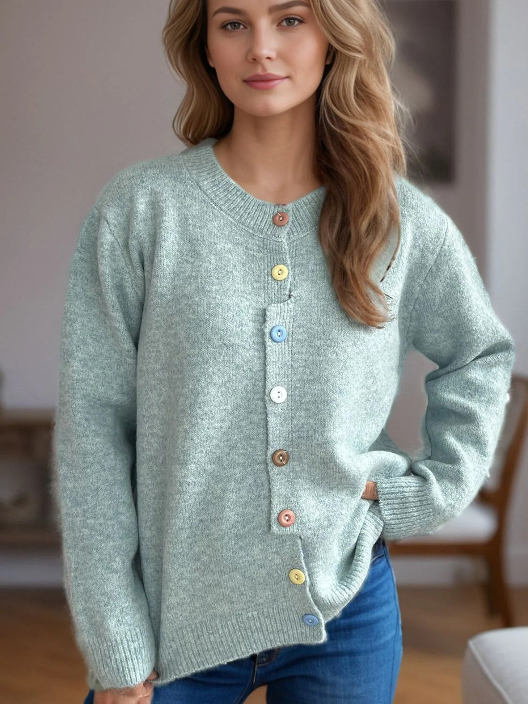 Women's Solid Cardigan Sweater with Colorful Buttons for Everyday Wear