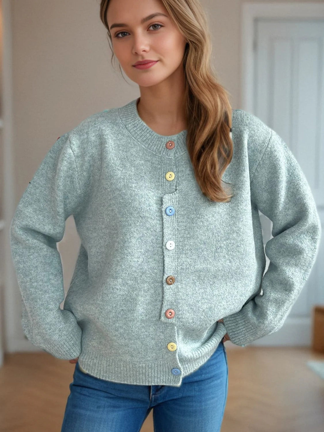 Women's Solid Cardigan Sweater with Colorful Buttons for Everyday Wear
