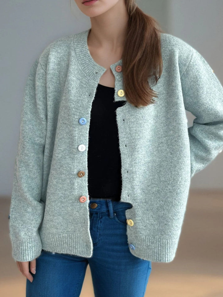 Women's Solid Cardigan Sweater with Colorful Buttons for Everyday Wear