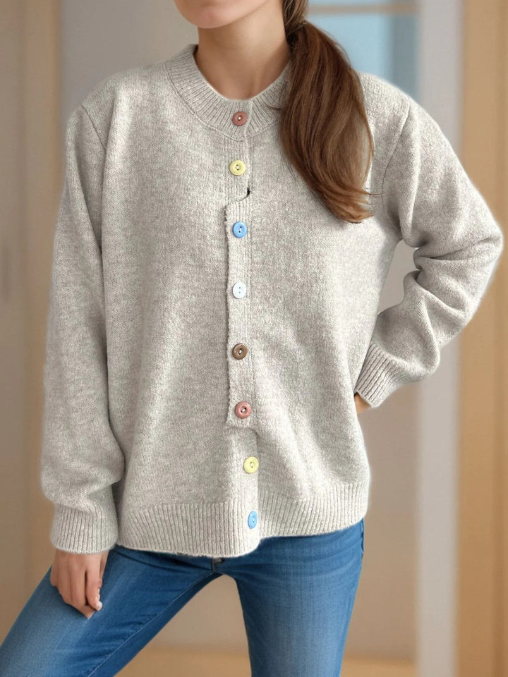 Women's Solid Cardigan Sweater with Colorful Buttons for Everyday Wear