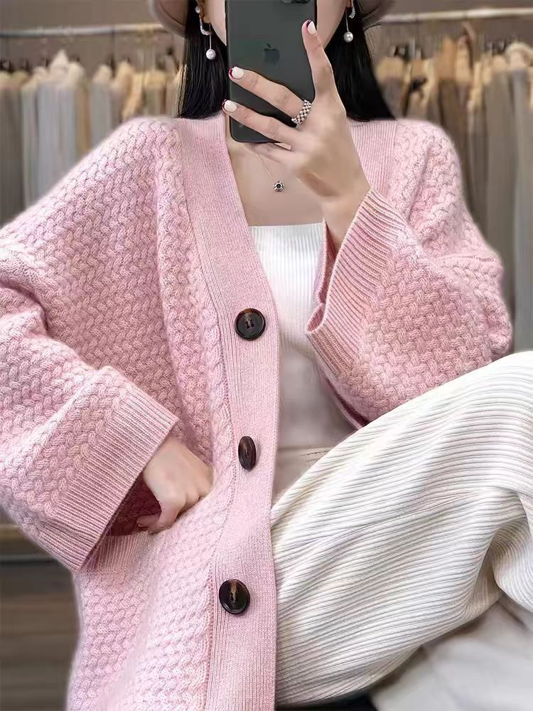 High-quality thick mid-length cardigan sweater with a V-neck, loose and casual fit with pockets