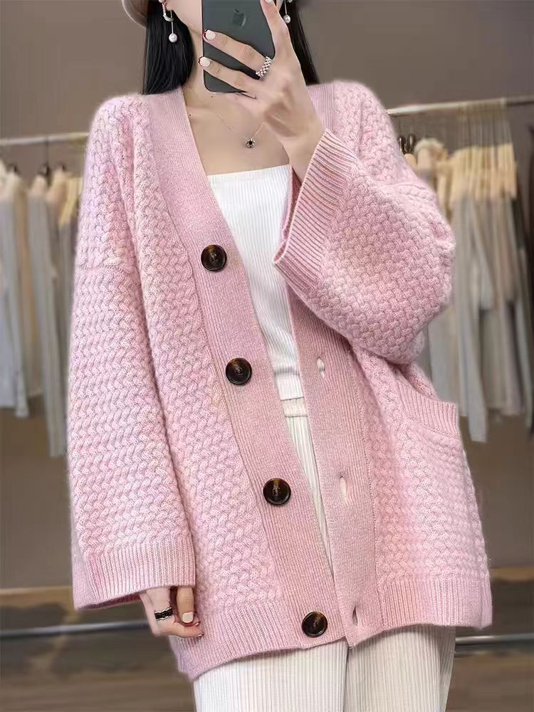 High-quality thick mid-length cardigan sweater with a V-neck, loose and casual fit with pockets